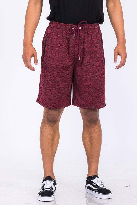 Weiv Marbled Active Running Shorts with elastic waist, drawstring, and zippered pockets.